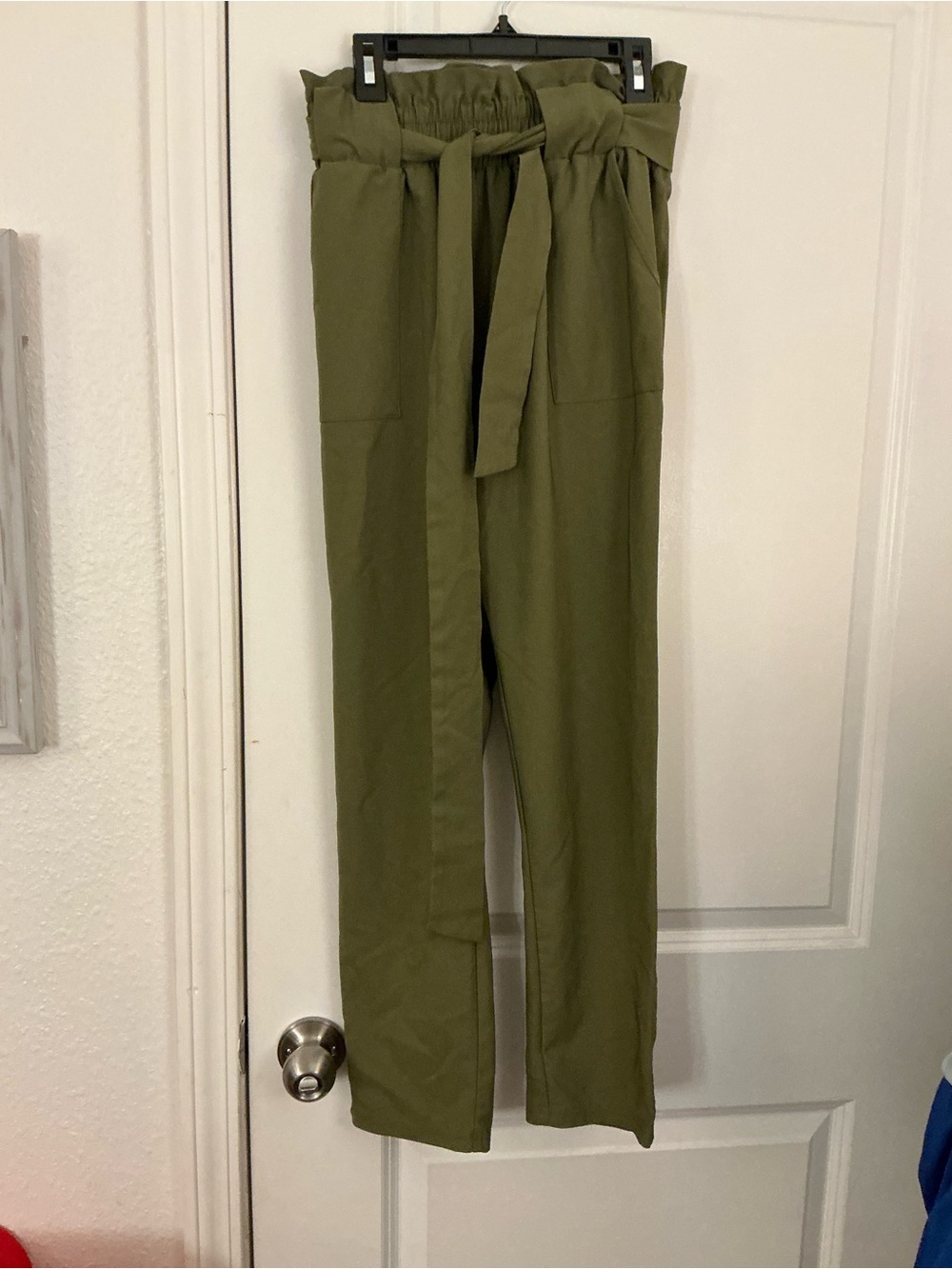 Grace Karin Olive Green High-Waist Paperbag Ankle Pants